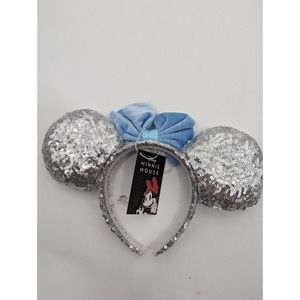 NEW Disney Minnie Mouse Silver Ears Blue Velvet Bow Headband